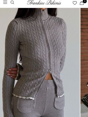 Frankie's Bikinis Cable-Knit Zip Turtleneck Sweater in Light Gray